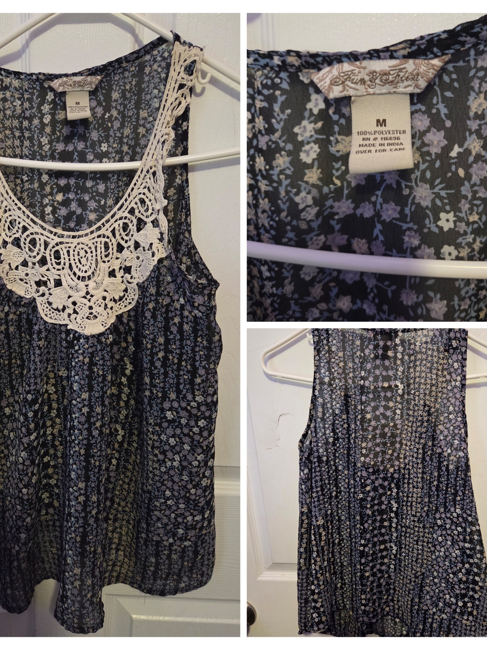 Blue Floral Crochet Yoke Tank Top